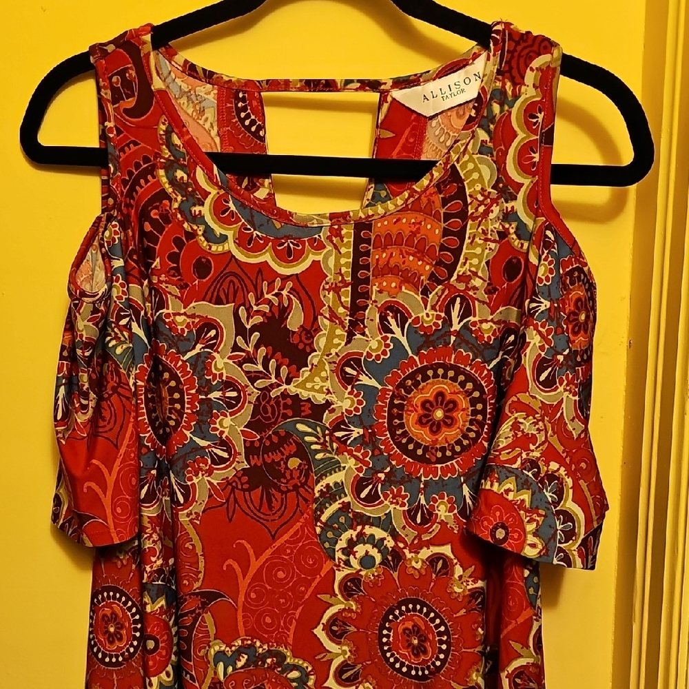 Allison Taylor Red and Black Graphic Cut Out Blouse